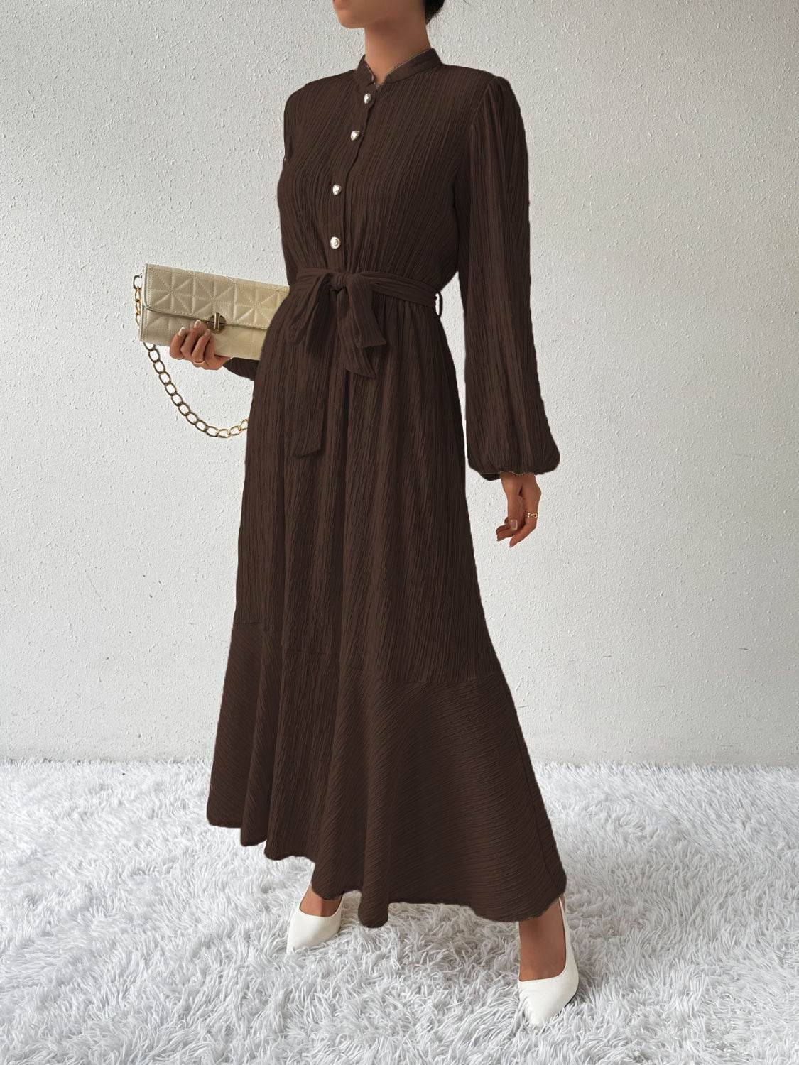 Belted Button Front Long Sleeve Maxi Dress - MARIGOLD