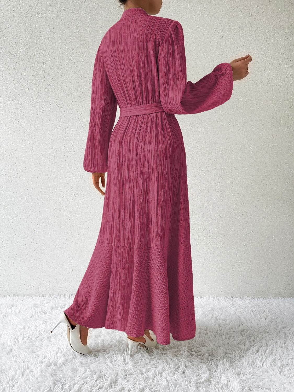 Belted Button Front Long Sleeve Maxi Dress - MARIGOLD