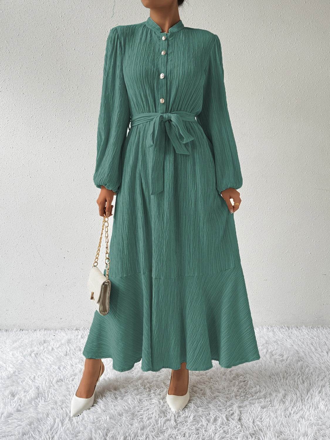 Belted Button Front Long Sleeve Maxi Dress - MARIGOLD