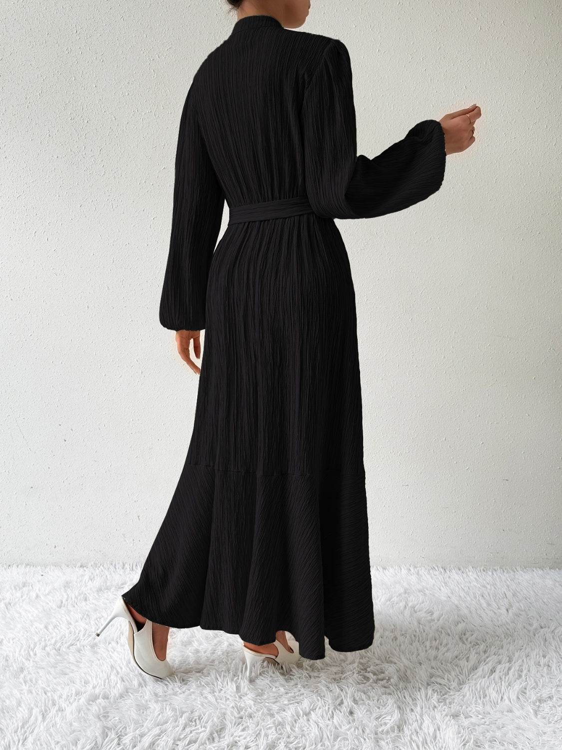 Belted Button Front Long Sleeve Maxi Dress - MARIGOLD