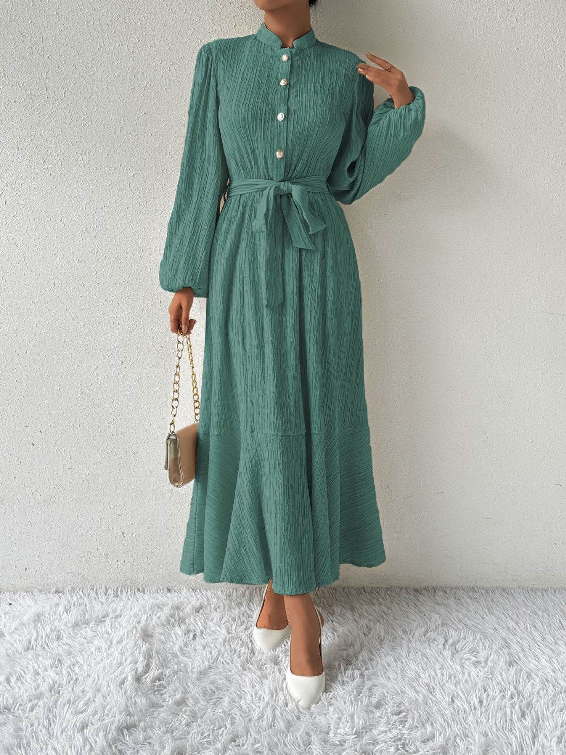 Belted Button Front Long Sleeve Maxi Dress - MARIGOLD