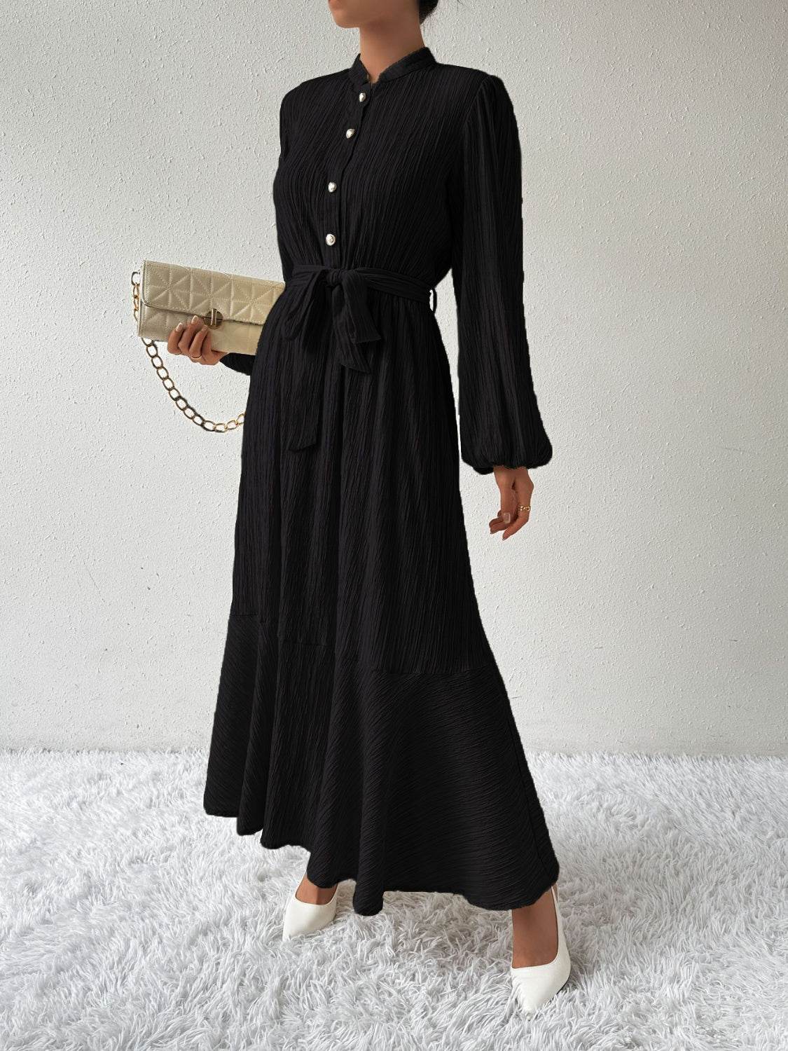 Belted Button Front Long Sleeve Maxi Dress - MARIGOLD