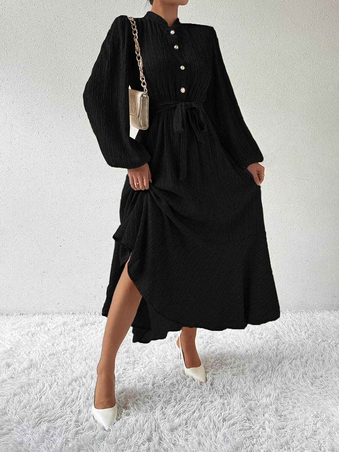Belted Button Front Long Sleeve Maxi Dress - MARIGOLD