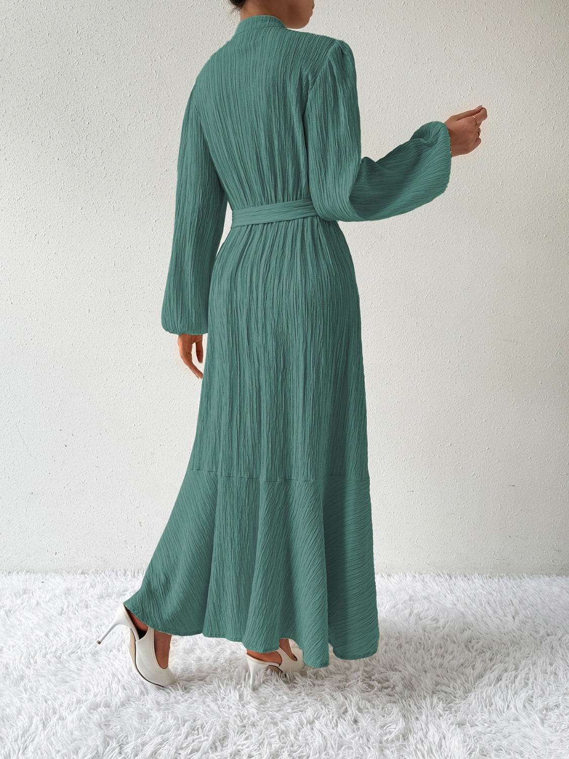 Belted Button Front Long Sleeve Maxi Dress - MARIGOLD
