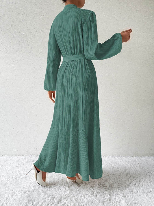Belted Button Front Long Sleeve Maxi Dress - MARIGOLD