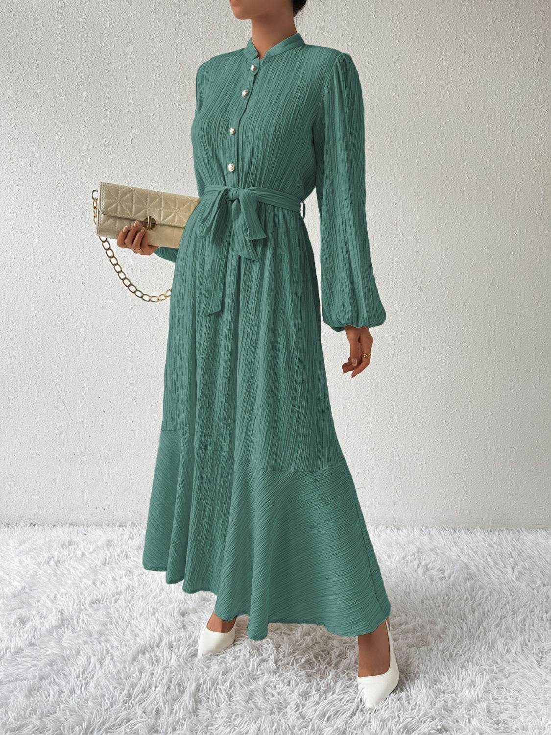 Belted Button Front Long Sleeve Maxi Dress - MARIGOLD