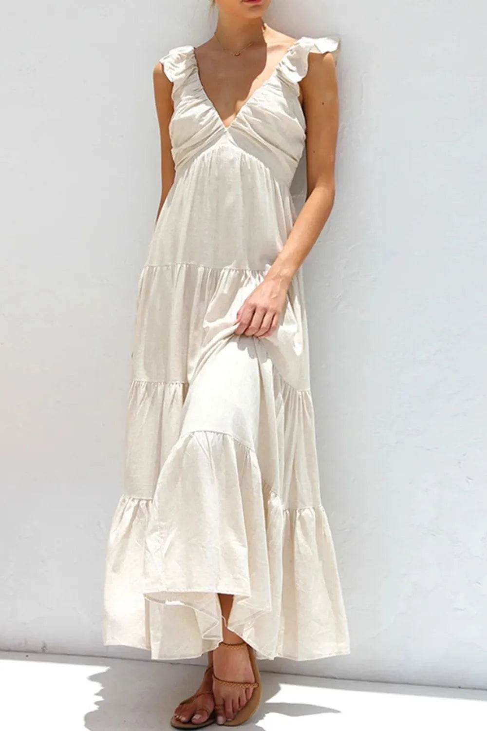 Plunge V-Neck Tiered Maxi Dress - MARIGOLD