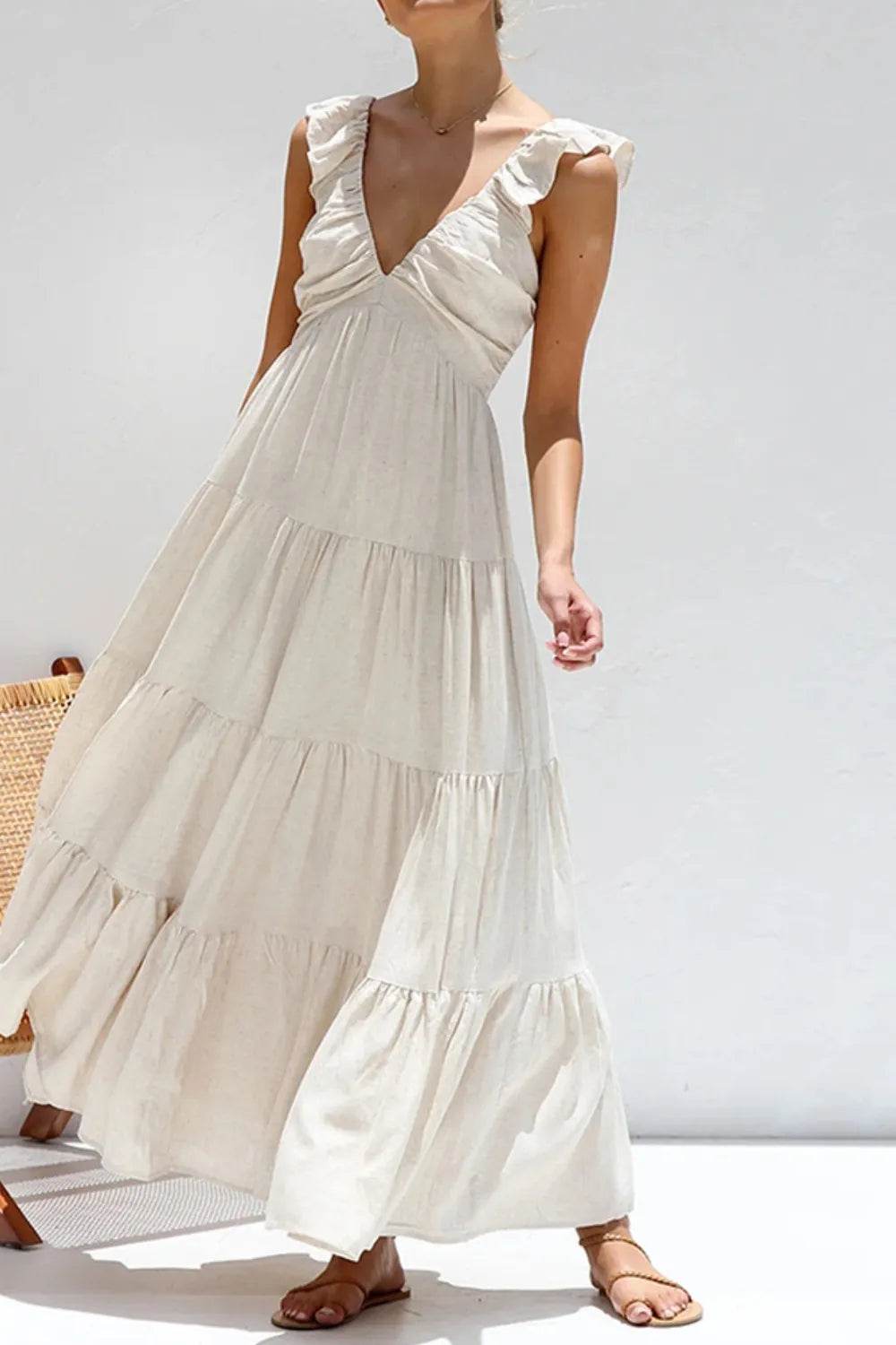 Plunge V-Neck Tiered Maxi Dress - MARIGOLD