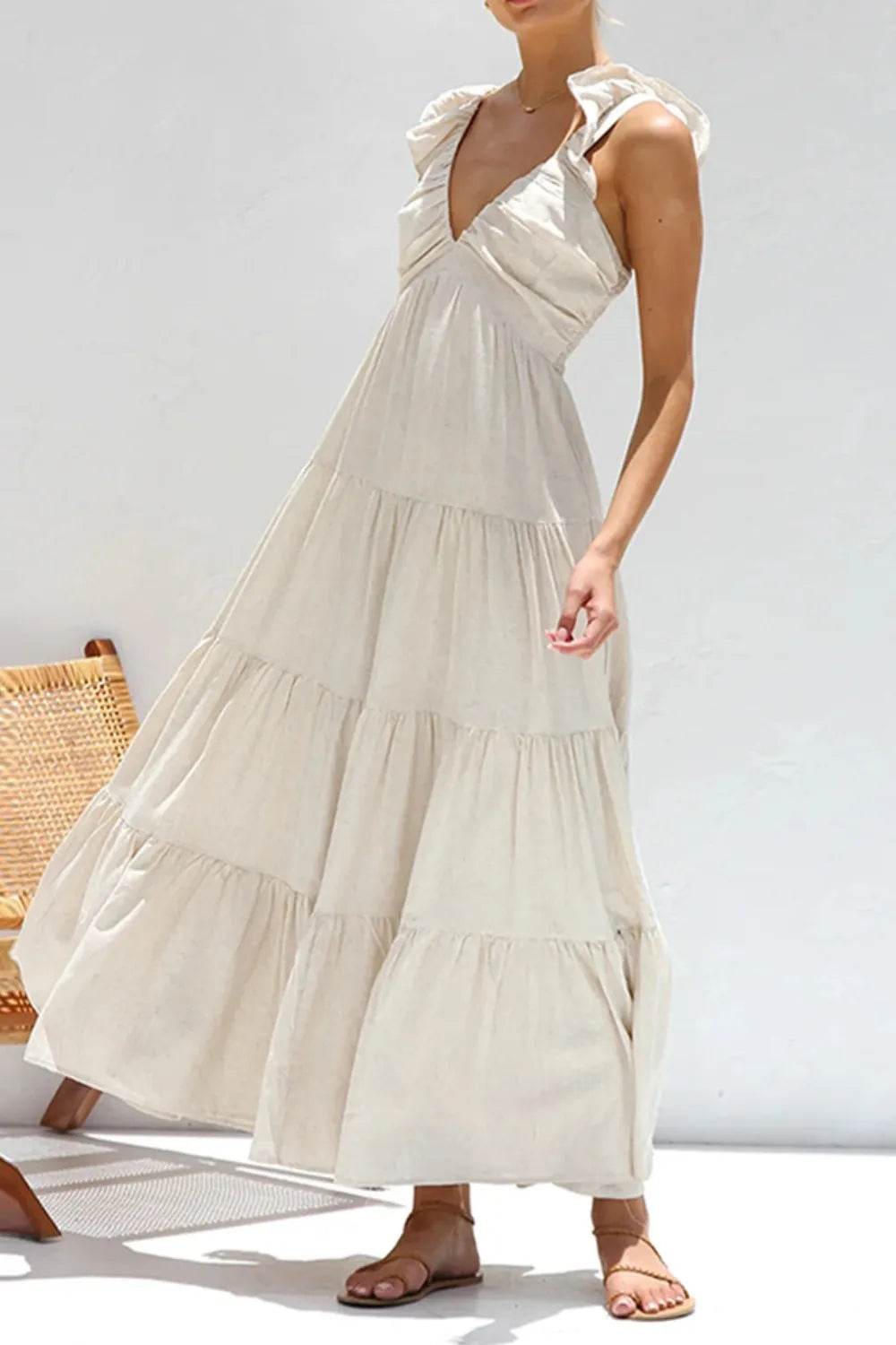 Plunge V-Neck Tiered Maxi Dress - MARIGOLD