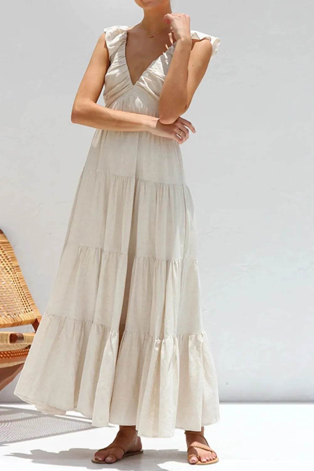 Plunge V-Neck Tiered Maxi Dress - MARIGOLD