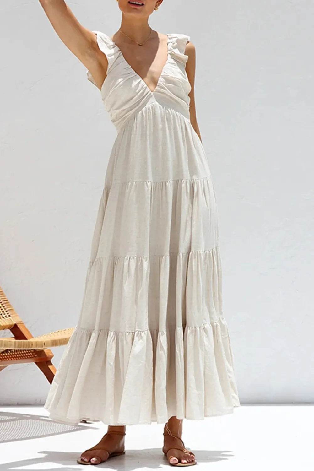 Plunge V-Neck Tiered Maxi Dress - MARIGOLD