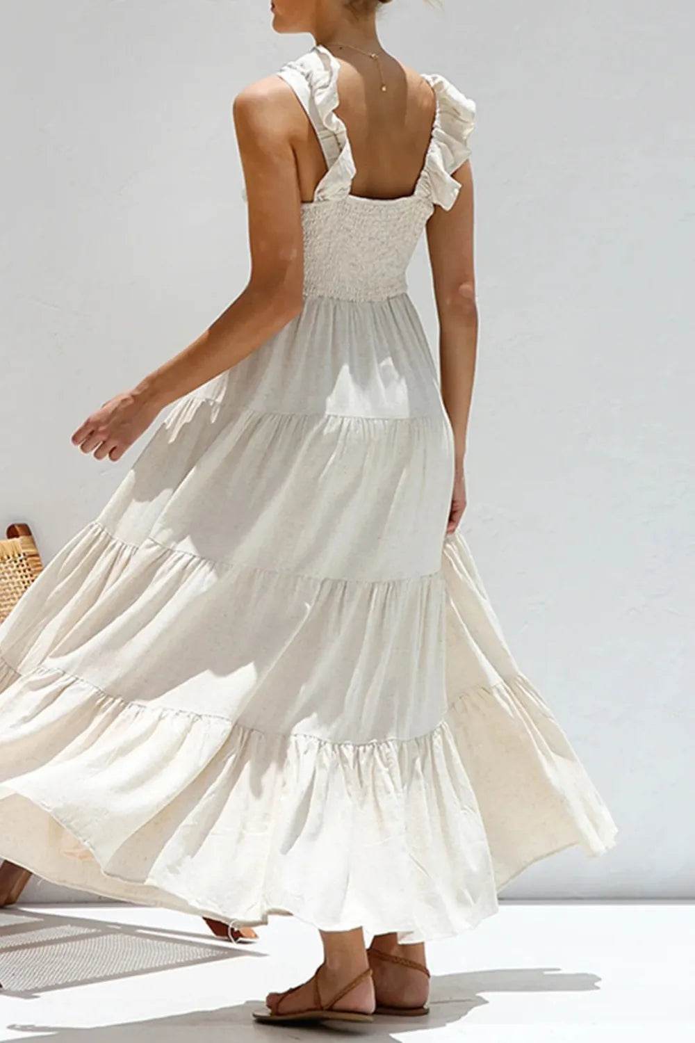 Plunge V-Neck Tiered Maxi Dress - MARIGOLD