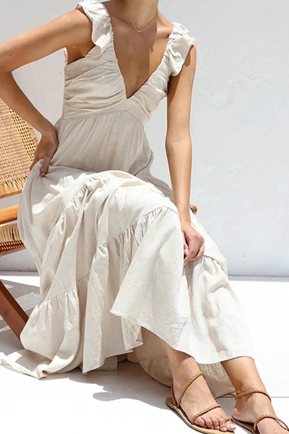 Plunge V-Neck Tiered Maxi Dress - MARIGOLD
