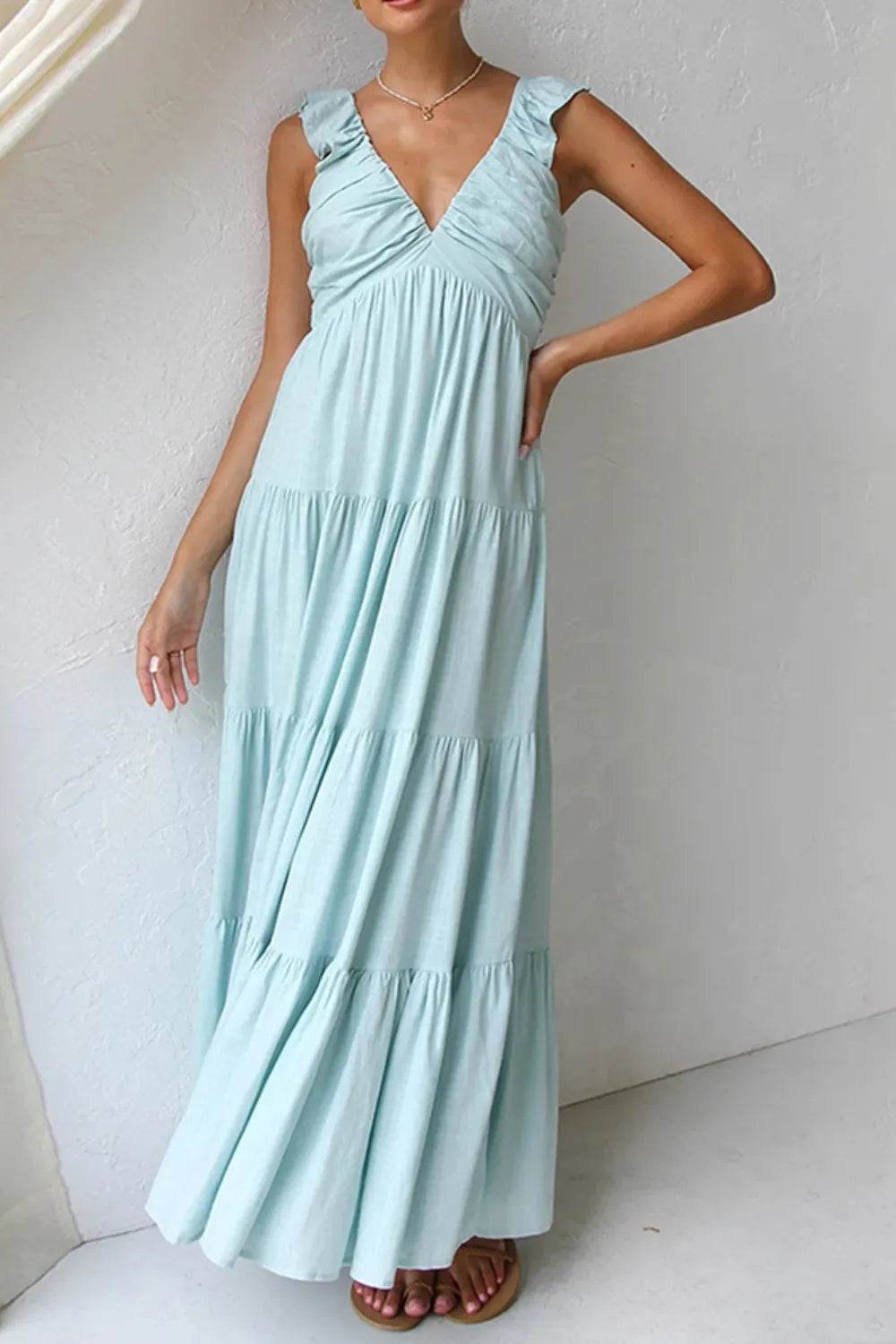 Plunge V-Neck Tiered Maxi Dress - MARIGOLD
