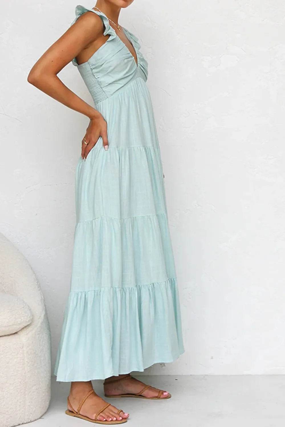 Plunge V-Neck Tiered Maxi Dress - MARIGOLD