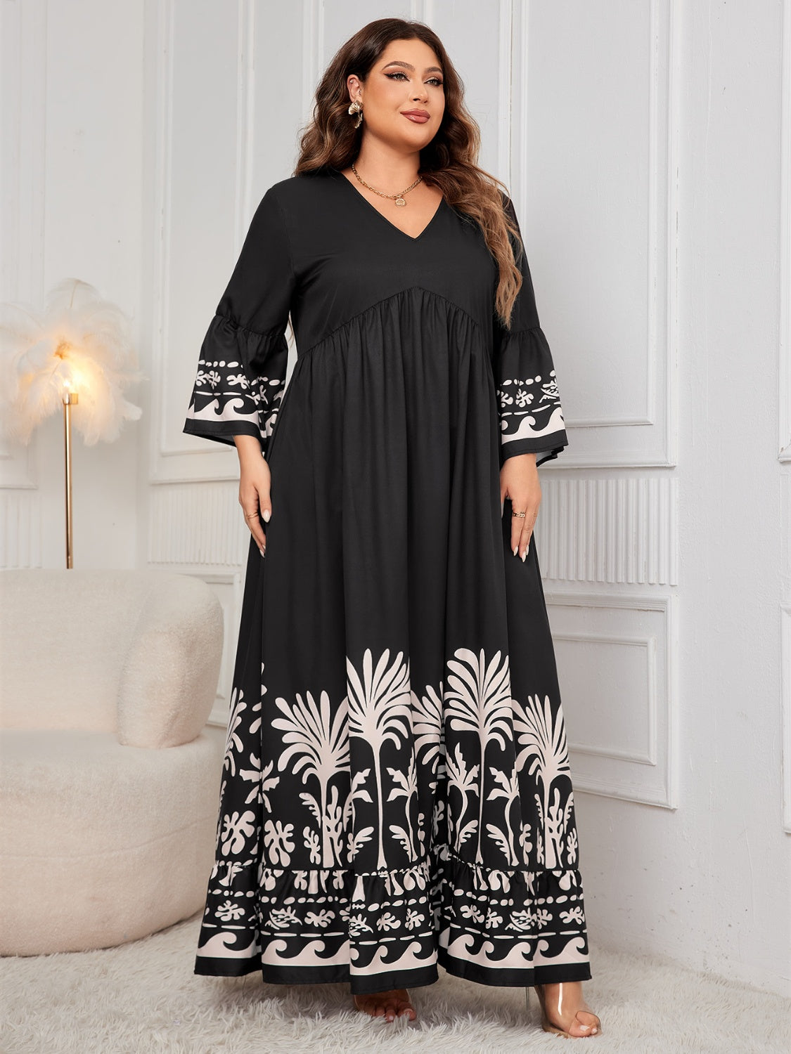 Plus Size Printed V-Neck Long Sleeve Maxi Dress - MARIGOLD