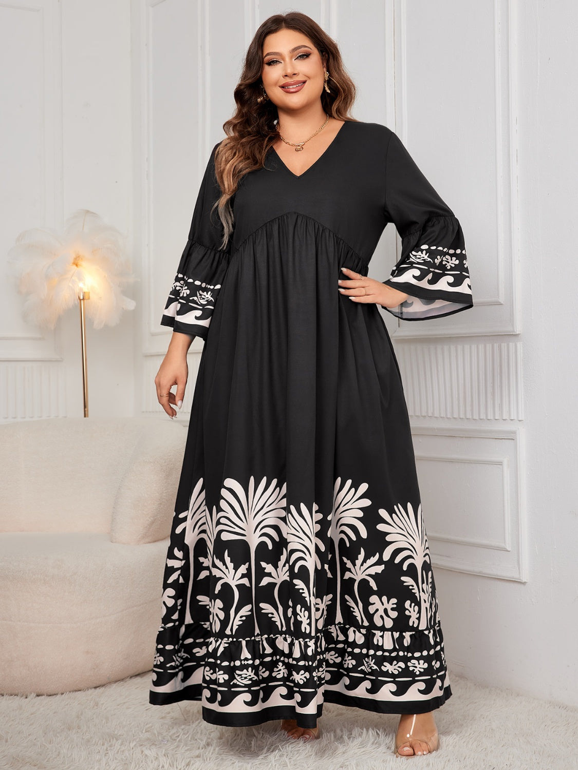 Plus Size Printed V-Neck Long Sleeve Maxi Dress - MARIGOLD