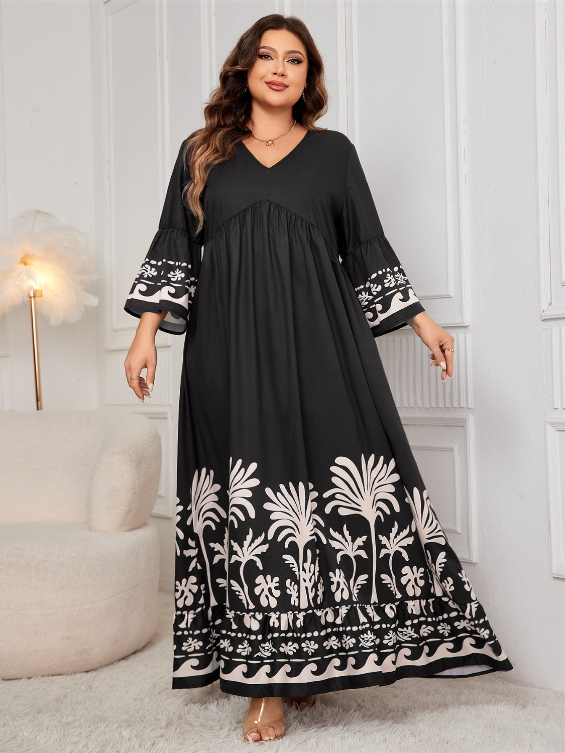 Plus Size Printed V-Neck Long Sleeve Maxi Dress - MARIGOLD