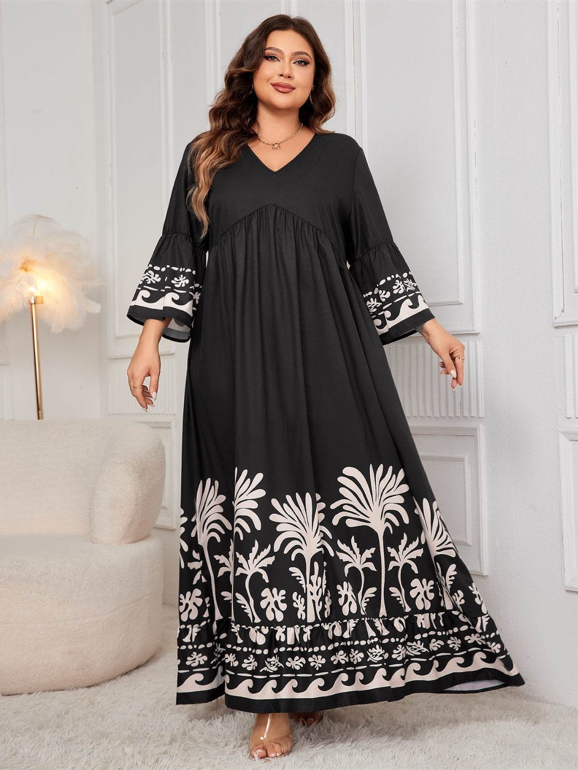 Plus Size Printed V-Neck Long Sleeve Maxi Dress - MARIGOLD