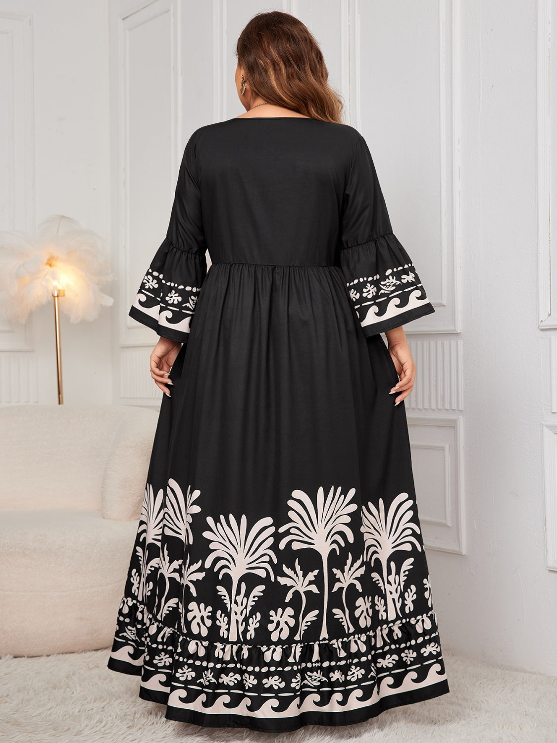 Plus Size Printed V-Neck Long Sleeve Maxi Dress - MARIGOLD
