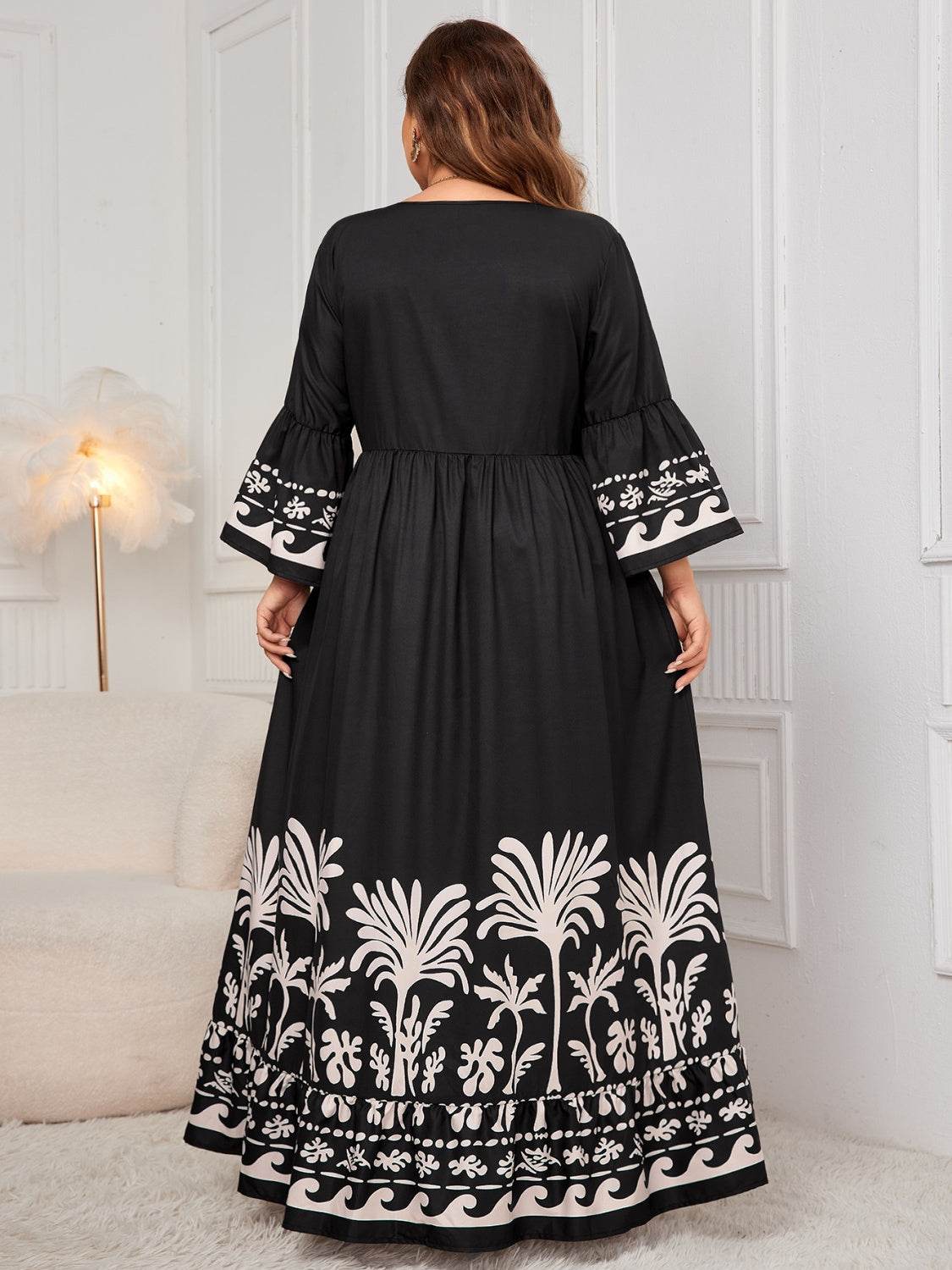 Plus Size Printed V-Neck Long Sleeve Maxi Dress - MARIGOLD