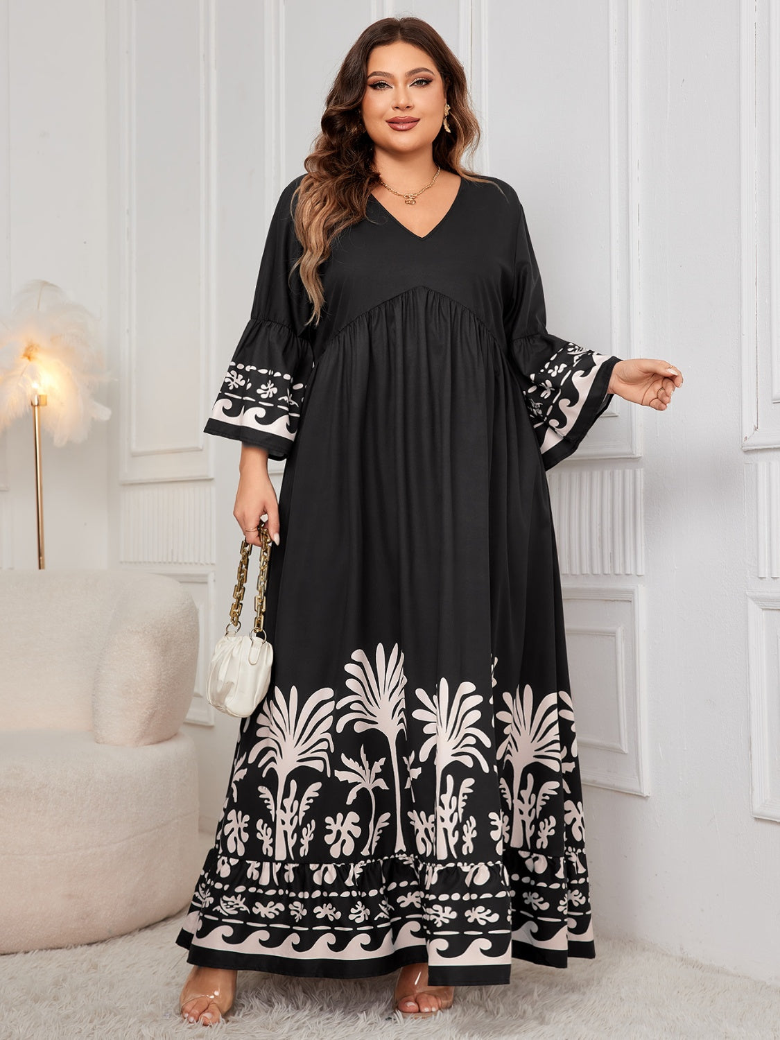 Plus Size Printed V-Neck Long Sleeve Maxi Dress - MARIGOLD