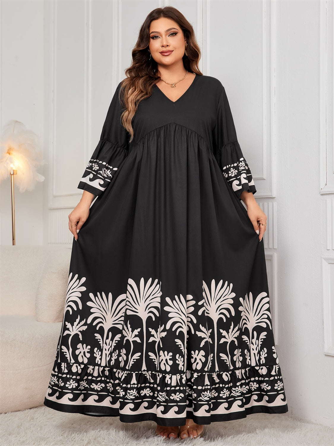 Plus Size Printed V-Neck Long Sleeve Maxi Dress - MARIGOLD