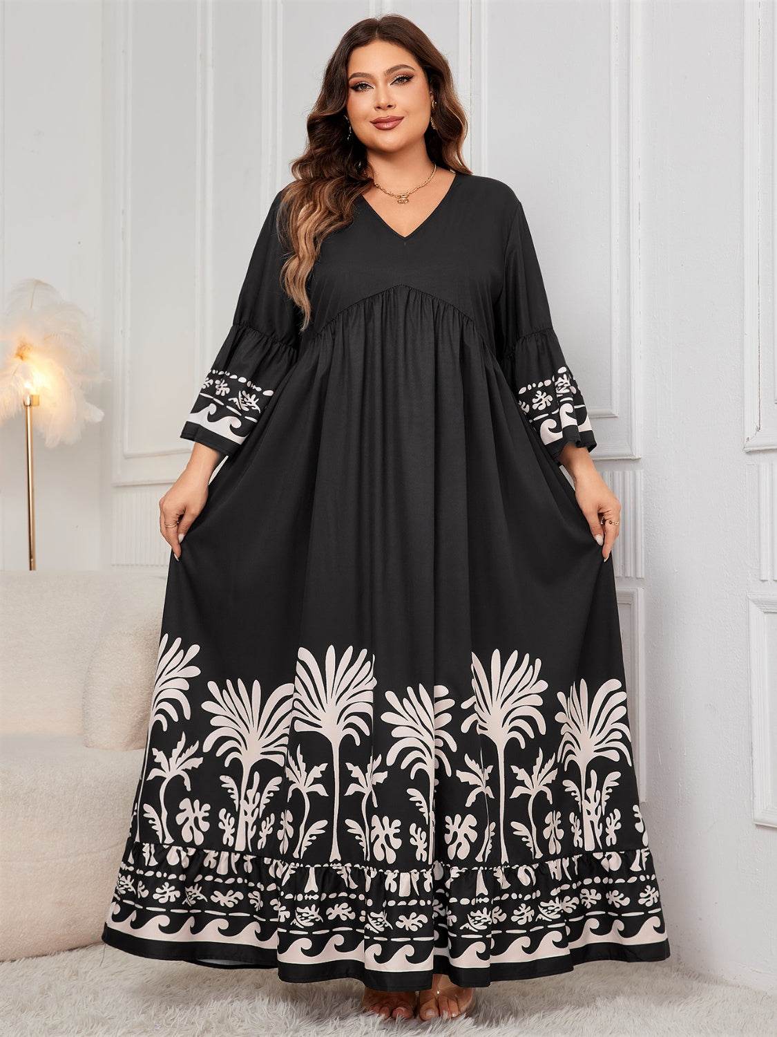 Plus Size Printed V-Neck Long Sleeve Maxi Dress - MARIGOLD
