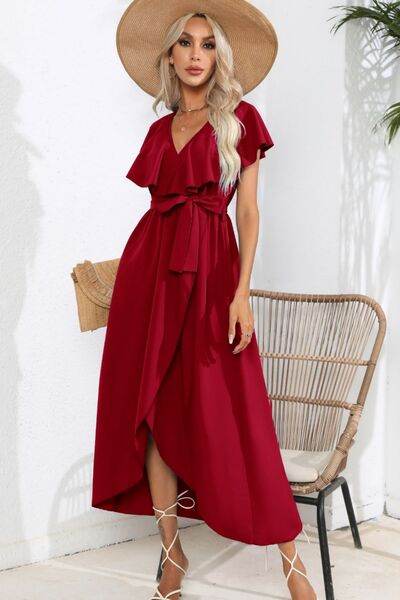Ruffled Tied V-Neck Midi Dress - MARIGOLD