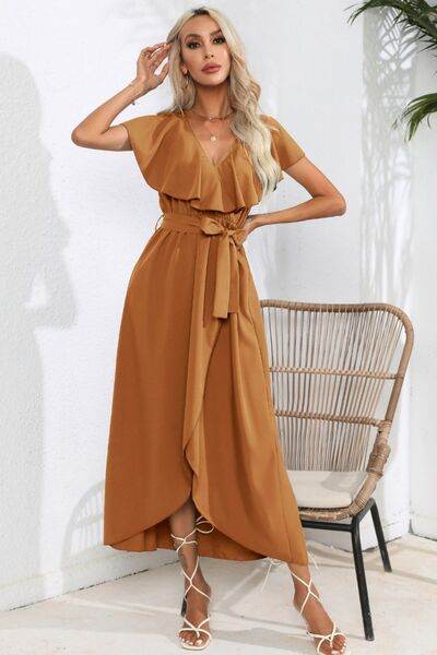 Ruffled Tied V-Neck Midi Dress - MARIGOLD