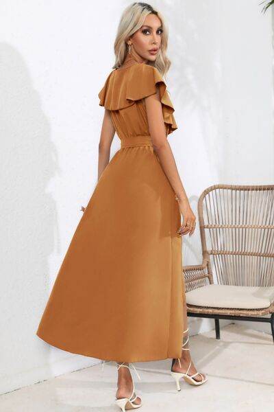 Ruffled Tied V-Neck Midi Dress - MARIGOLD