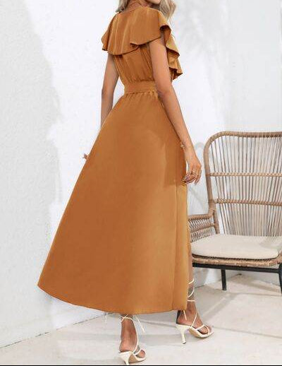 Ruffled Tied V-Neck Midi Dress - MARIGOLD