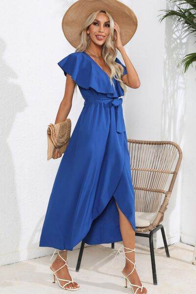 Ruffled Tied V-Neck Midi Dress - MARIGOLD