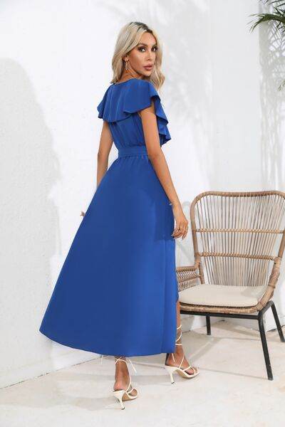 Ruffled Tied V-Neck Midi Dress - MARIGOLD