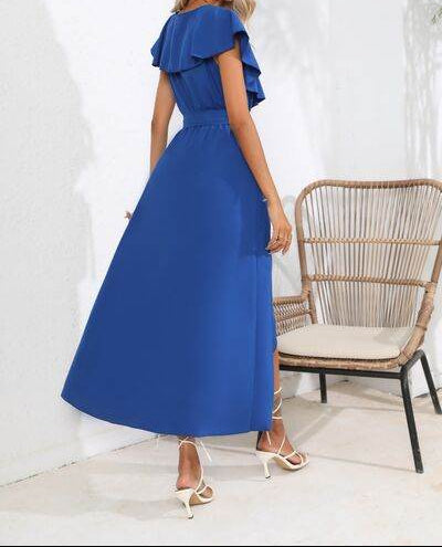 Ruffled Tied V-Neck Midi Dress - MARIGOLD