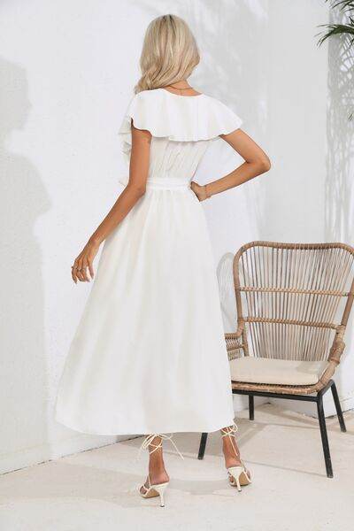 Ruffled Tied V-Neck Midi Dress - MARIGOLD