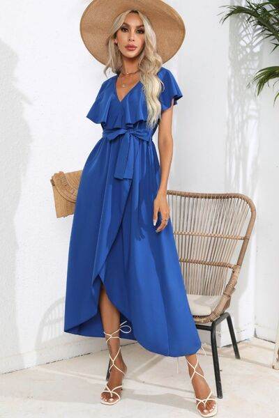 Ruffled Tied V-Neck Midi Dress - MARIGOLD