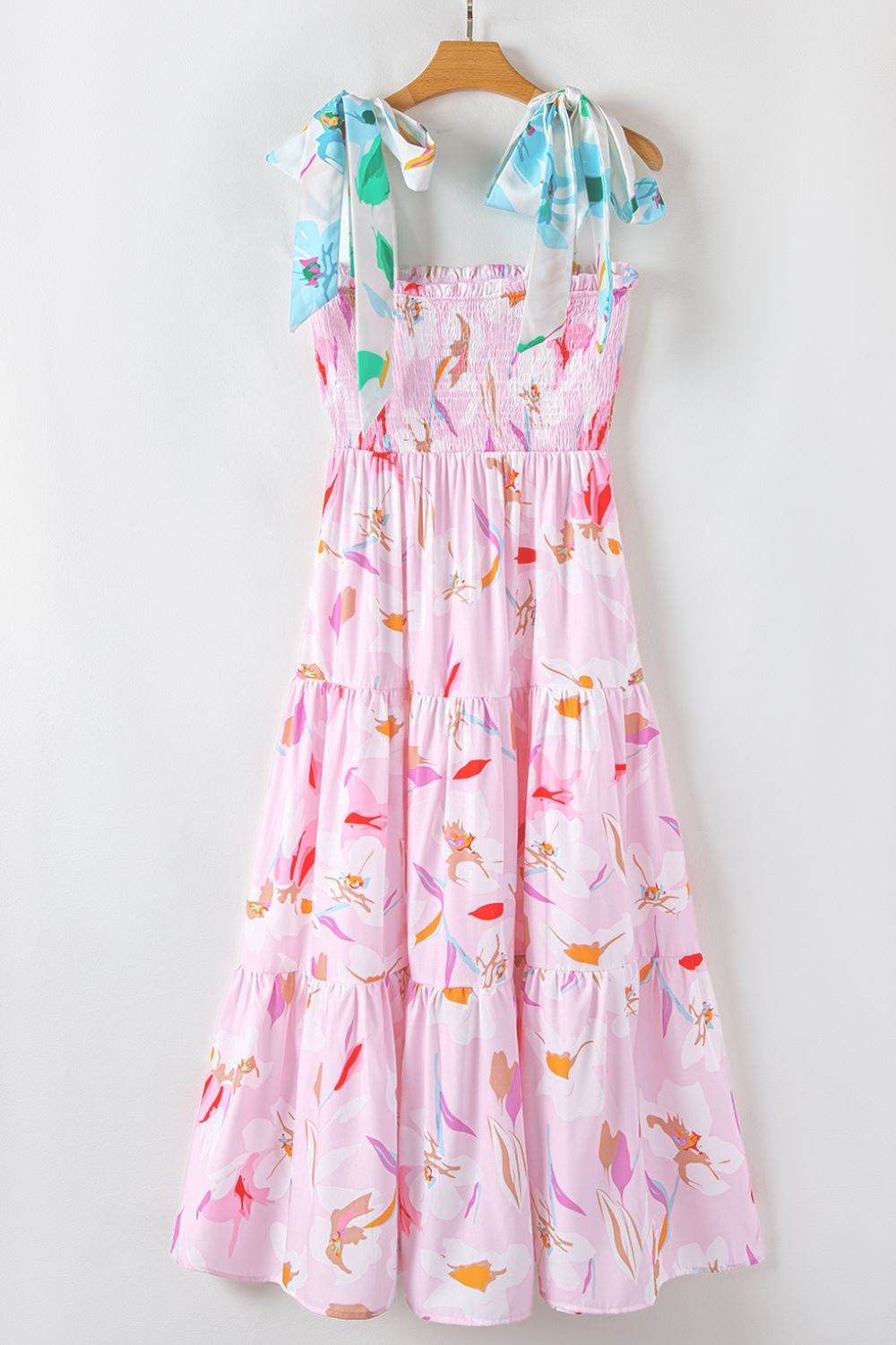 Pink Floral Tie-Shoulder Smocked Maxi Dress - MARIGOLD