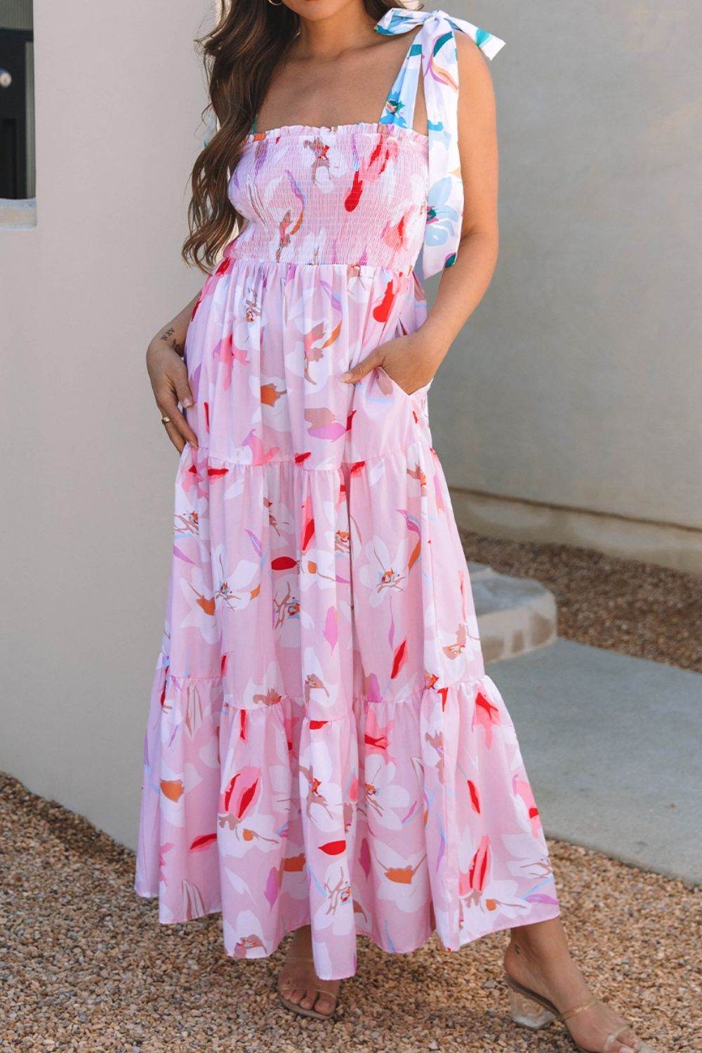 Pink Floral Tie-Shoulder Smocked Maxi Dress - MARIGOLD