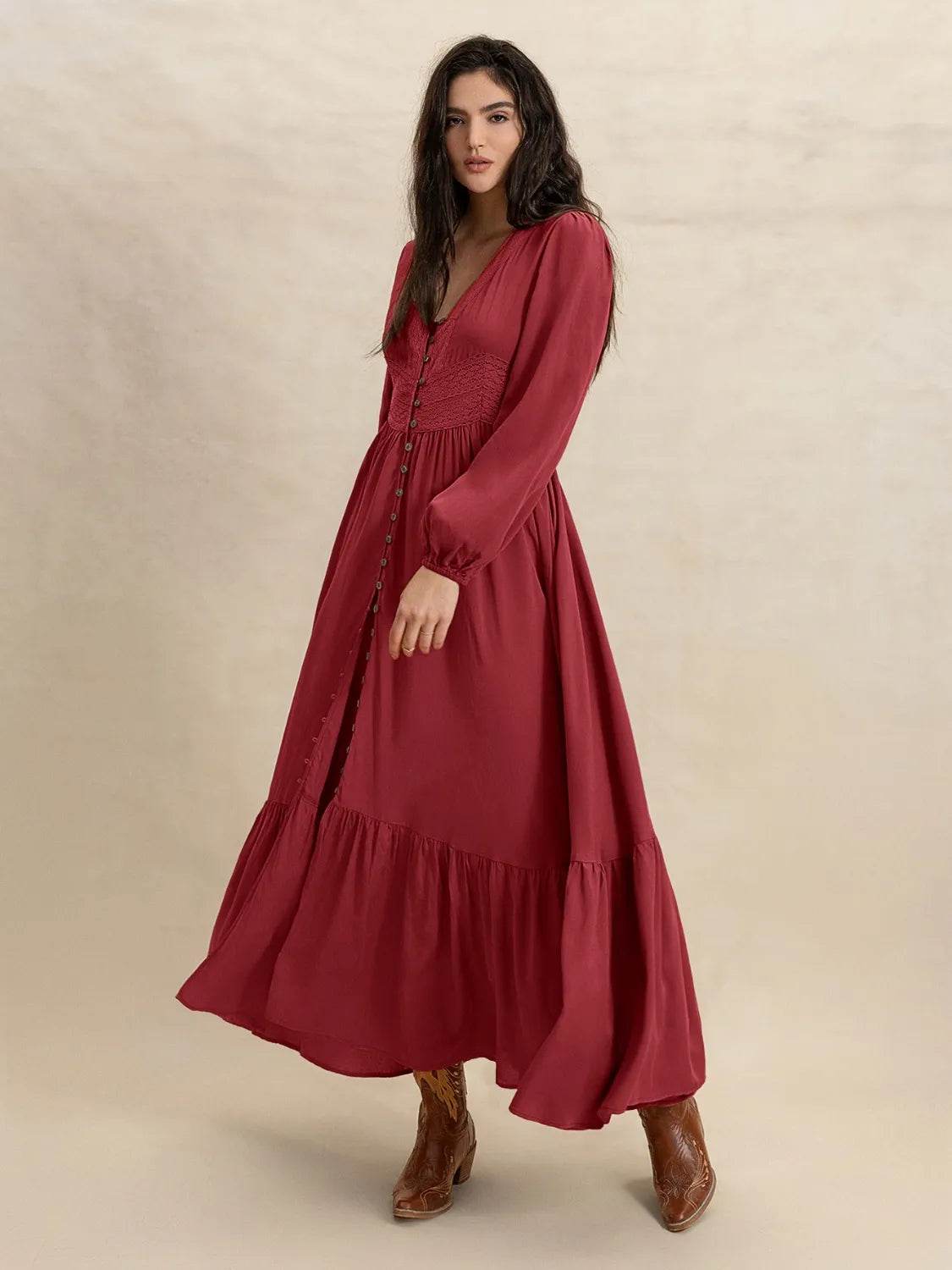 Boho Long Sleeve V-Neck Maxi Dress - MARIGOLD