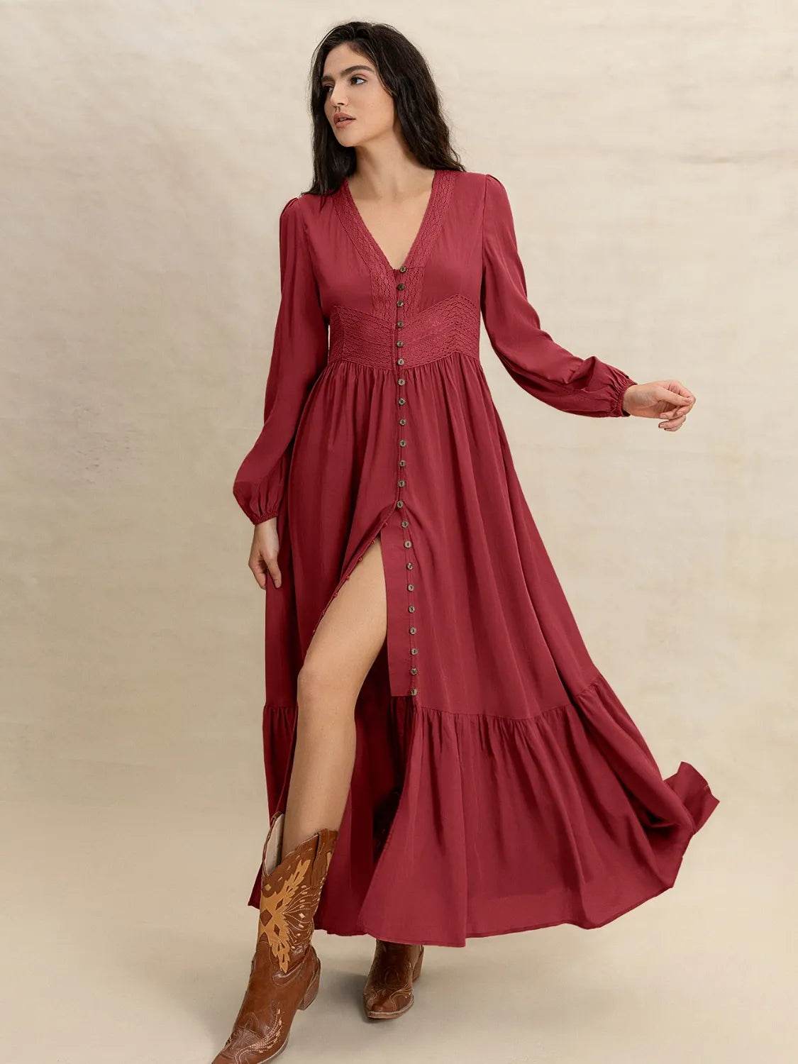 Boho Long Sleeve V-Neck Maxi Dress - MARIGOLD