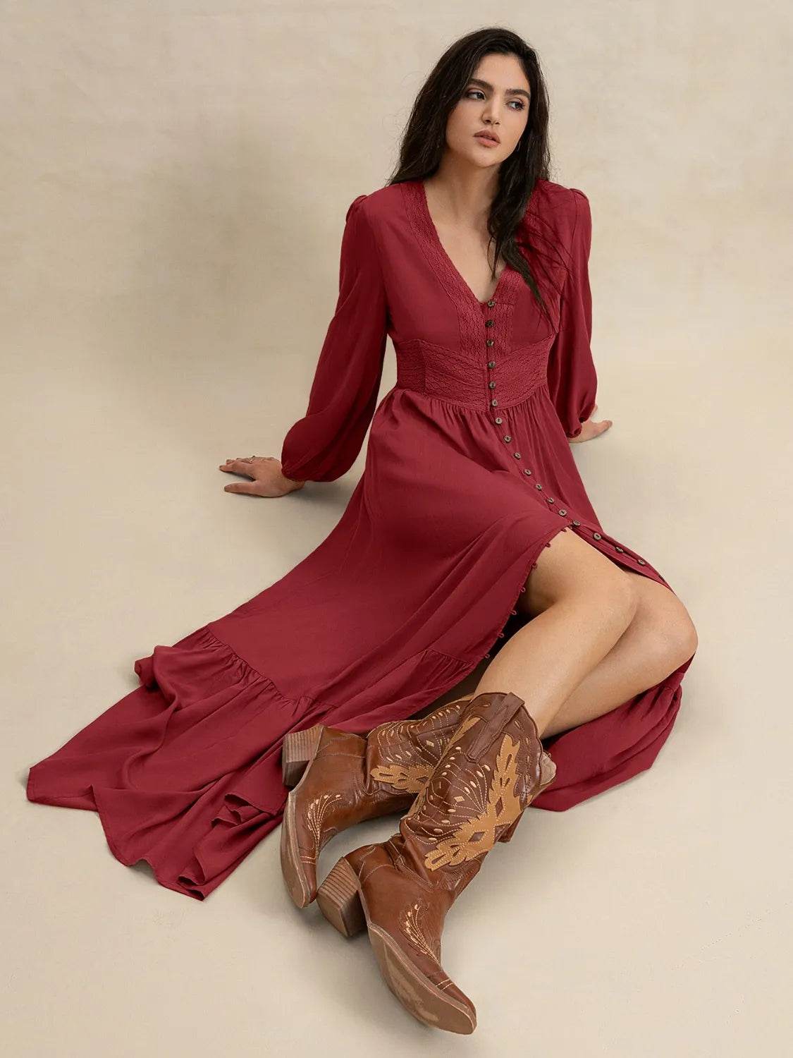 Boho Long Sleeve V-Neck Maxi Dress - MARIGOLD