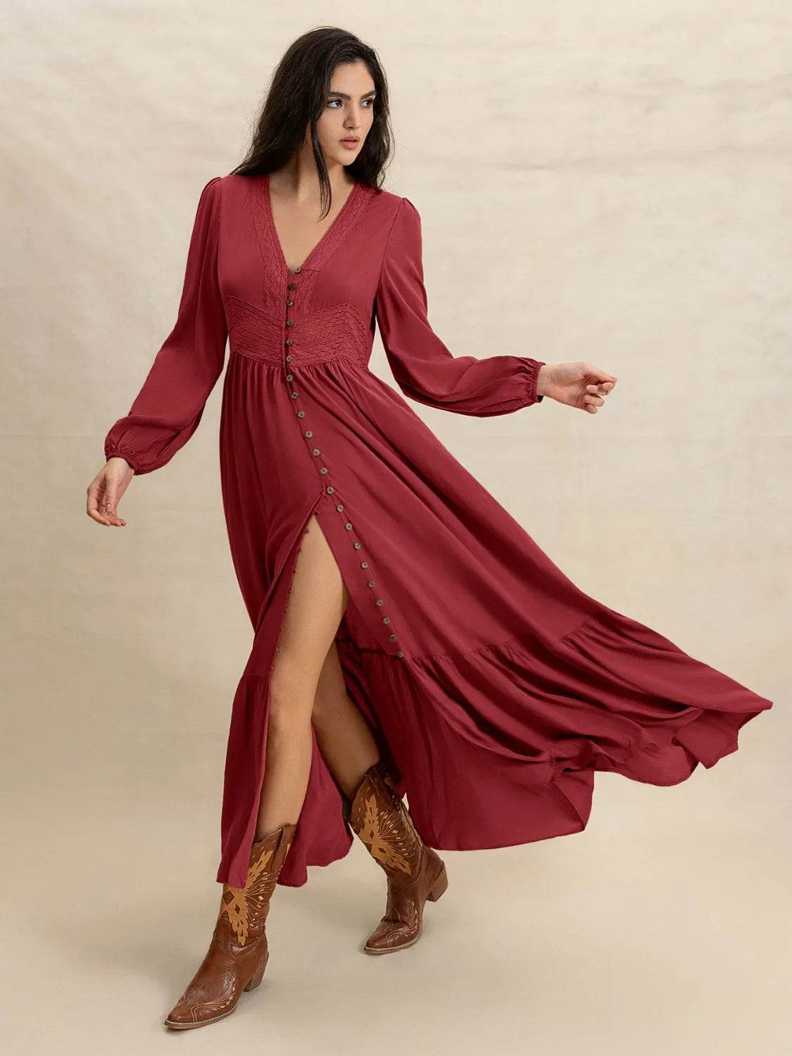 Boho Long Sleeve V-Neck Maxi Dress - MARIGOLD