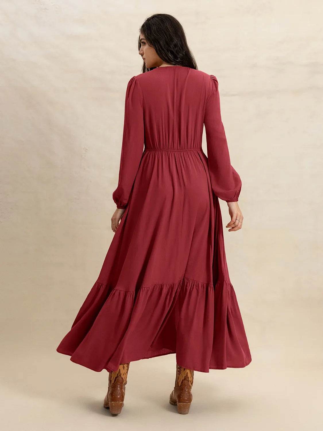 Boho Long Sleeve V-Neck Maxi Dress - MARIGOLD