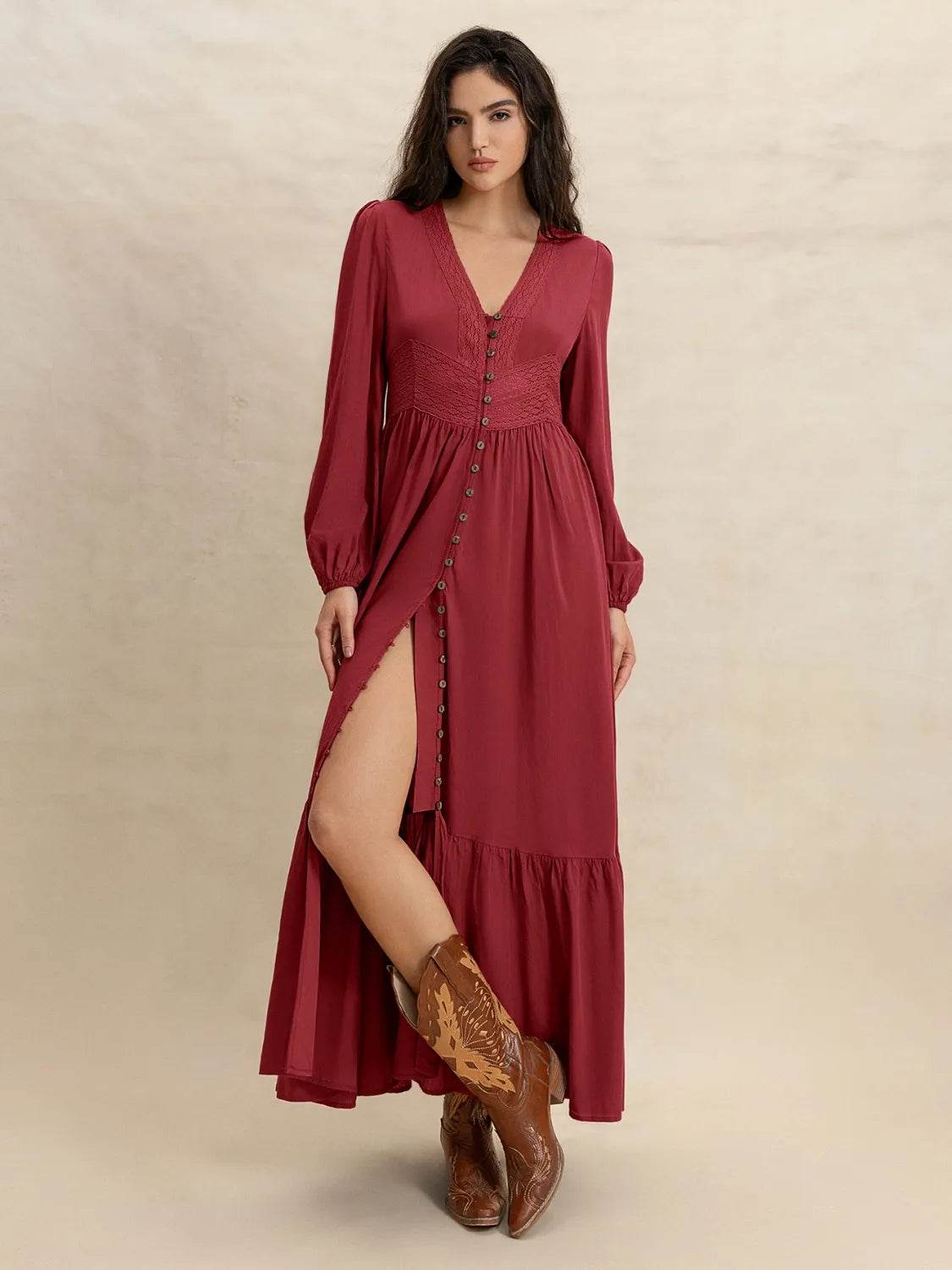 Boho Long Sleeve V-Neck Maxi Dress - MARIGOLD