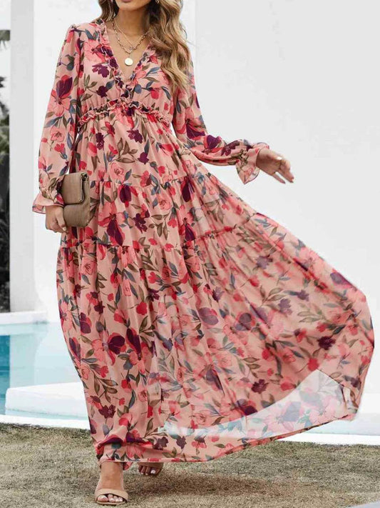 Floral Frill Flounce Sleeve Maxi Dress - MARIGOLD