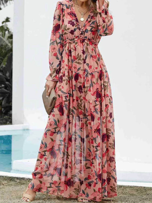 Floral Frill Flounce Sleeve Maxi Dress - MARIGOLD