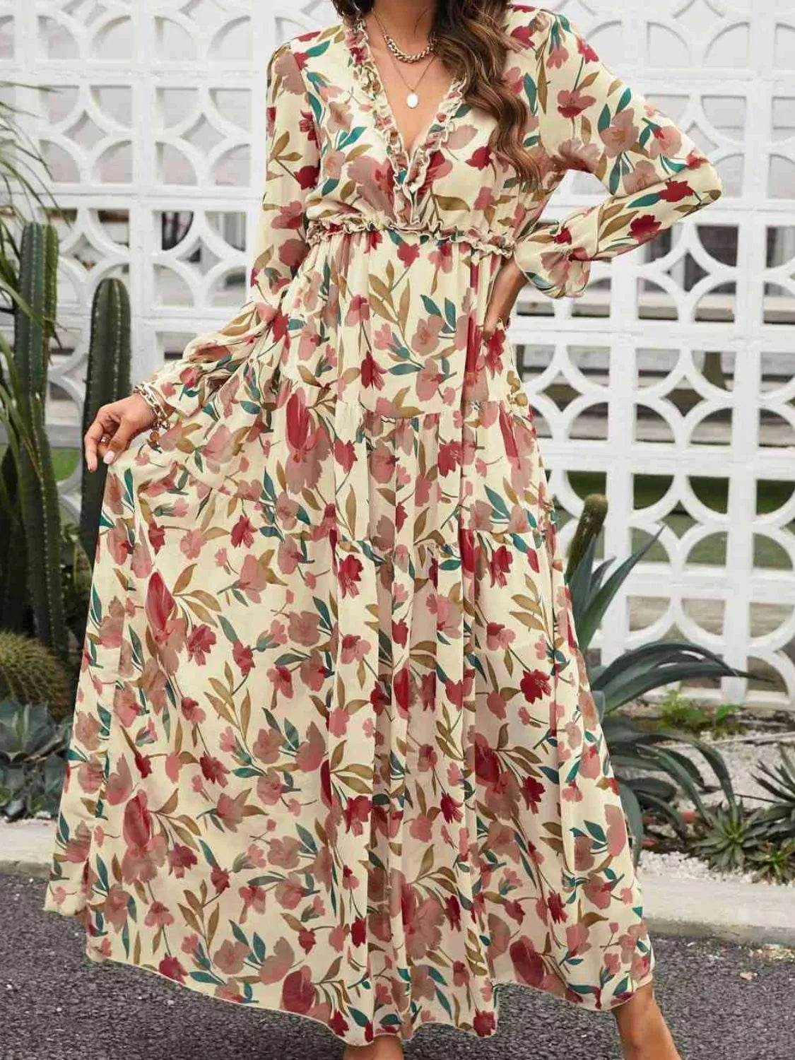 Floral Frill Flounce Sleeve Maxi Dress - MARIGOLD