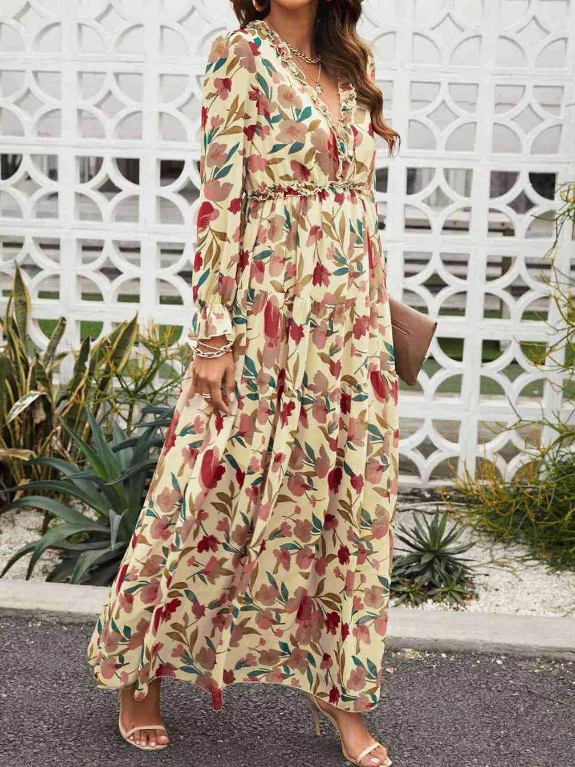Floral Frill Flounce Sleeve Maxi Dress - MARIGOLD