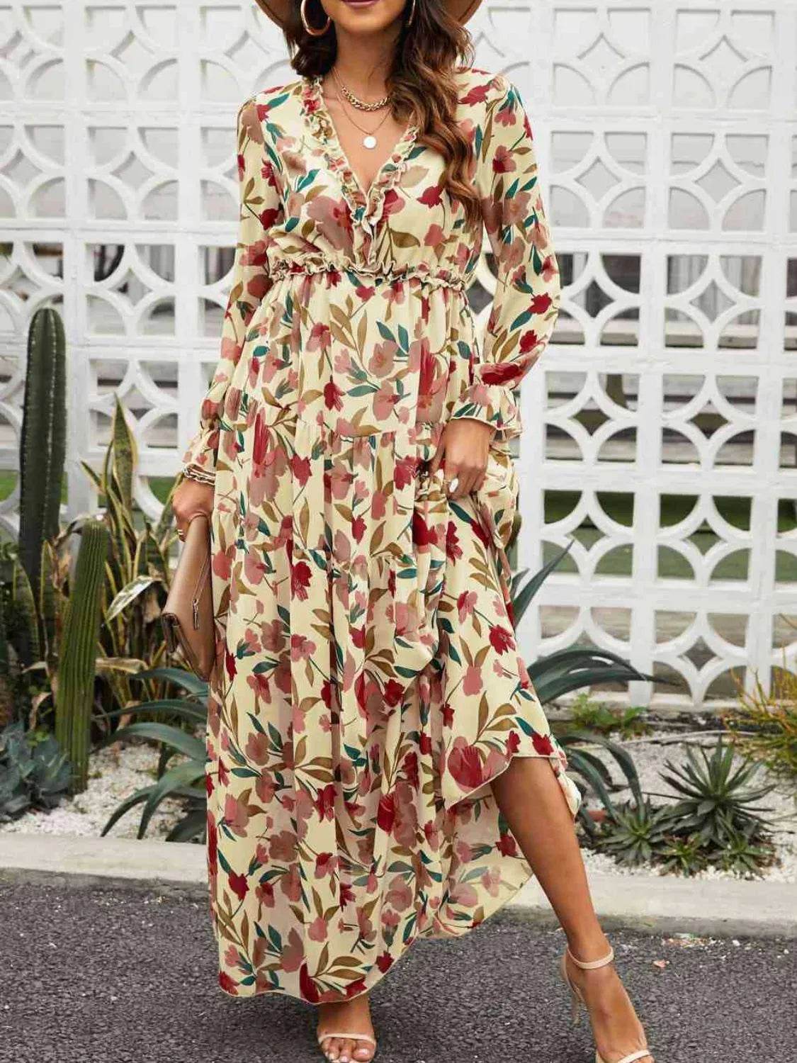 Floral Frill Flounce Sleeve Maxi Dress - MARIGOLD